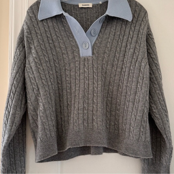 Sandro France Reno Contrast Collar Cropped Cable Knit Sweater Preppy Academia - Picture 2 of 9